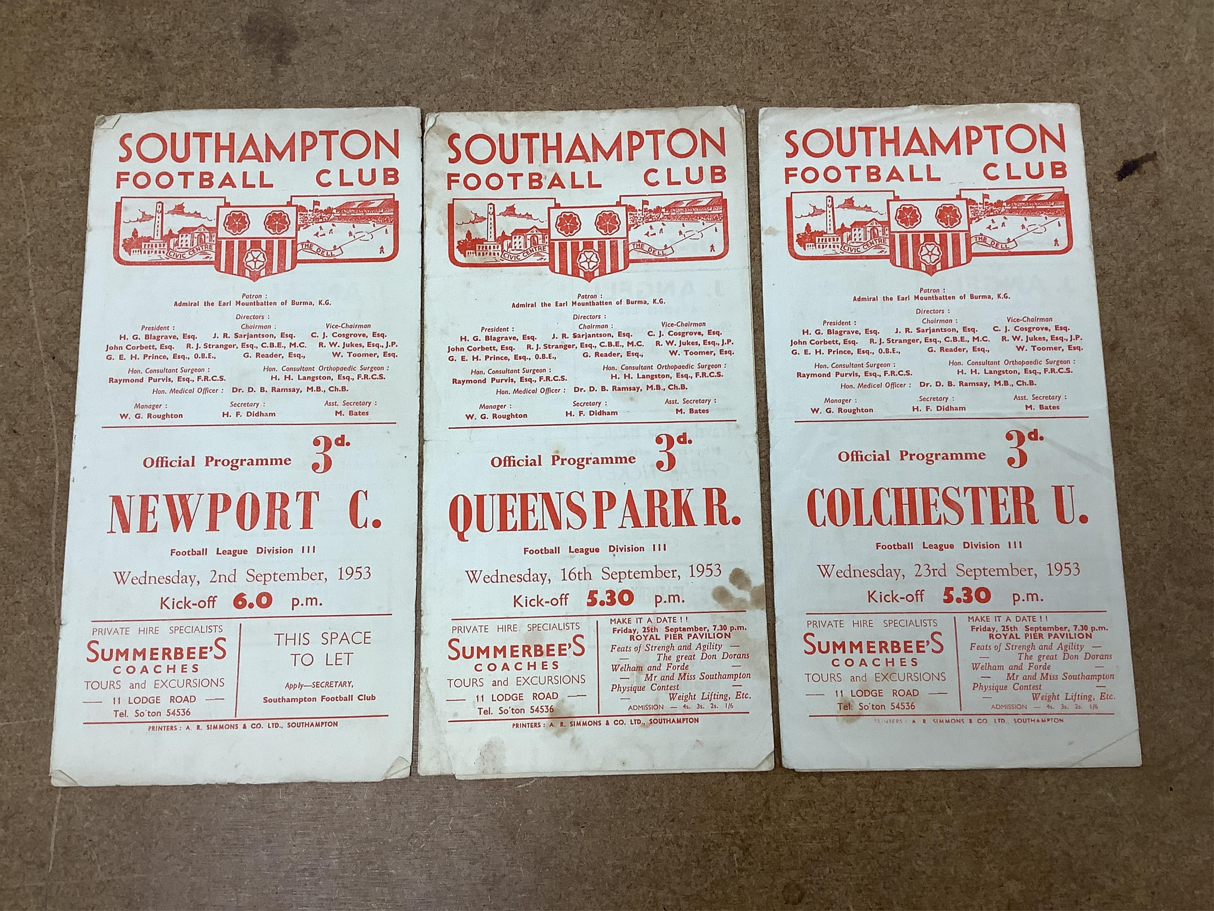 A collection of 1940s-70s football programmes, including Millwall, Fulham, Everton, Newcastle United, Crystal Palace, Leyton orient, Charlton Athletic, Brighton Hove Albion, Leicester City etc.
